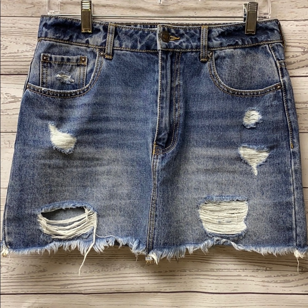 Forever 21 Denim Jean Skirt Distressed Washed Blue Size 28